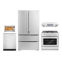 Cosmo 5 Piece Kitchen Package with 36" Freestanding Dual Fuel Range  36" Under Cabinet Range Hood 24" Built-in Fully Int