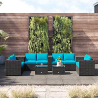 Wade Logan Ashriel Wade Logan® 8Pcs Outdoor Patio Rattan Furniture Set Cushion Loveseat Storage Table Turquoise