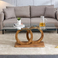 Millwood Pines Aaheli Tempered Glass Coffee Tea Table, Wood Frame Rectangular Center Accent Modern Cocktail Table