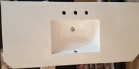 48 x 22 x 3/4 Off White Quartz Counter top ( Corners cut @ 45 ) w Oval Porcelain Undermount Sink  In stock
