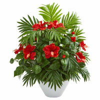 Bay Isle Home™ Hibiscus and Areca Palm Artificial Flowering Plant in Bowl