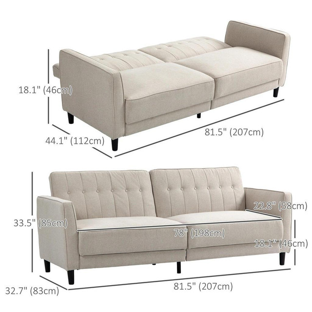 PULL OUT SOFA BED, BUTTON TUFTED FABRIC CONVERTIBLE BED COUCH WITH ADJUSTABLE BACK, FOR LIVING ROOM, BEIGE in Couches & Futons - Image 4