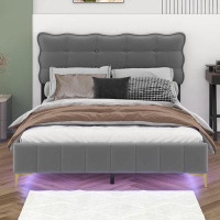 Red Barrel Studio Queen Size Velvet Platform Bed With LED Frame And Stylish Mental Bed Legs
