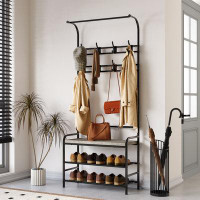 17 Stories 10 Hooks Coat Rack/Shoe Bench, Wood Look Accent Furniture With Metal Frame