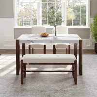 Winston Porter Dining Furniture Set, Faux Marble Table and Upholstered Chairs & Bench with Wood Legs,Easy To Clean