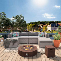 Rosecliff Heights Outdoor 8-piece sectional sofa propane w fire pit table, grey patio rattan furniture set w 42-inch 50,