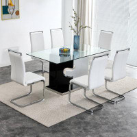 Ivy Bronx Large Modern Minimalist Rectangular Glass Dining Table For 6-8 With 0.39" Tempered Glass Tabletop And MDF Slab