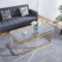 Everly Quinn Gold Stainless Steel Coffee Table With Acrylic Frame And Clear Glass Top CS-1134