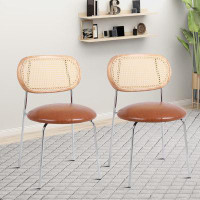 Bay Isle Home™ classic design Faux leather Dining Chairs with Solid Wood Legs and hand-woven rattan backrest