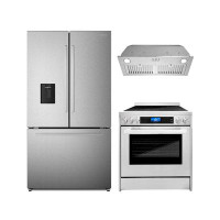 Cosmo 3 Piece Kitchen Package With 30" Freestanding Electric Range 30" Insert Range Hood & French Door Refrigerator