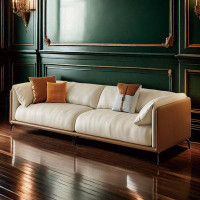 ULTORU 102.36" Beige & Orange Genuine Leather Modular Sofa cushion couch