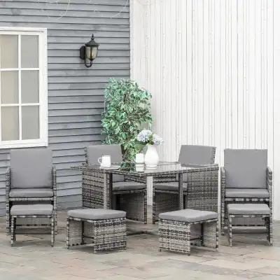 9pc Compact PE Rattan Wicker Dining Table Set w/ Cushions for Outdoor Patio Deck - Mixed Grey