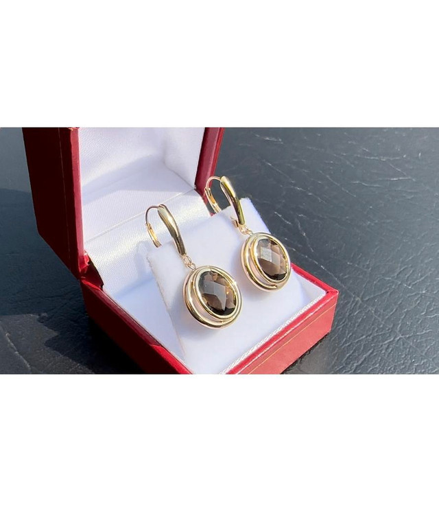 #408 - 14k Yellow Gold, Oval Smoky Quartz Custom Earrings dans Bijoux et montres - Image 3