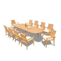 Teak Smith Grade-A Teak Dining Set: 118" Double Extension Oval Table And 10 Algrave Stacking Arm Chairs