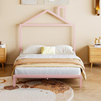 Rosefray Pink Metal Platform Bed With Charming House-shaped Headboard Design, Full Size - Add A Touch Of Whimsy To Your