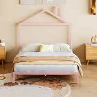 Rosefray Pink Metal Platform Bed With Charming House-shaped Headboard Design, Full Size - Add A Touch Of Whimsy To Your