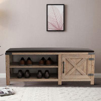 Gracie Oaks Vintage Farmhouse Style Wooden Bench With Storage Space And PU Seat Cushion, For Entryway Use