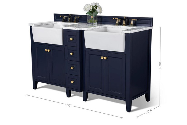 60 Inch Adeline Bathroom Vanity W Double Farmhouse Sink & Carrara White Marble Top Cabinet Set Available 3 Finishes ANC in Cabinets & Countertops - Image 4