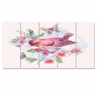 Red Barrel Studio Pink Bird On A Blooming Branch - Traditional Canvas Wall Art Print - 60X28 - 5 Panels