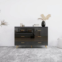 Mercer41 High Glossy Surface 6 Drawers Chest Of Drawer With Golden Handle And Golden Steel Legs White Color Vanity