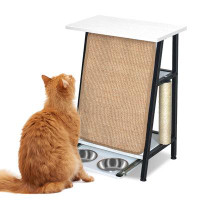 Tucker Murphy Pet™ Encrata End Table Cat Bed - Wooden Cat Furniture Nightstand with Sisal Scratch Pad and bowls