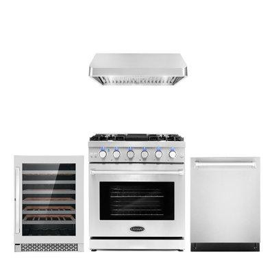 Cosmo 4 Piece Kitchen Package With 30" Freestanding Gas Range 30" Under Cabinet Range Hood 24" Built-in Fully Integrated in Refrigerators