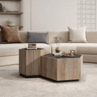Latitude Run® Hexagonal Rural Style Garden Retro Living Room Coffee Table With 2 Drawers, Textured Black + Warm Oak