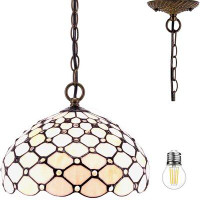 Fleur De Lis Living Tiffany Pendant Lighting For Kitchen Island Fixture 12" Amber Stained Glass Crystal Pearl Bead Shade