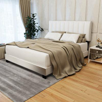 Rosefray Modern Popular Style: White Queen Size Upholstered Bed Frame With Adjustable Headboard - Clean White Linen Fabr