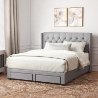 House of Hampton Adella Upholstered Panel Bed with Storage Drawers, Nailhead Trim Headboard, Box Spring Required