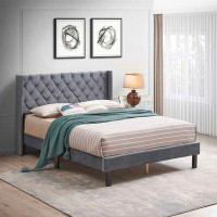 Mercer41 Linen Button Tufted-Upholstered Bed With Curve Design - Strong Wood Slat Support- Easy Assembly - Grey, Queen