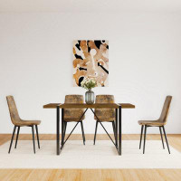 Corrigan Studio Mid Century Walnut Dining Table Set With 4 Modern Chairs, Metal Base, Suede Seats