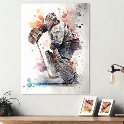 Ce magnifique art sur toile «Hockey Gardien sur glace pendant le match II» est imprimé à l'aide d'un...