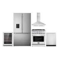 Cosmo 5 Piece Kitchen Package With 30" Freestanding Gas Range 30" Wall Mount 24" Built-in Fully Integrated Dishwasher Fr
